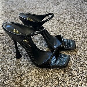 So Me Black Croc-Embossed Square Toe Strappy High Heels